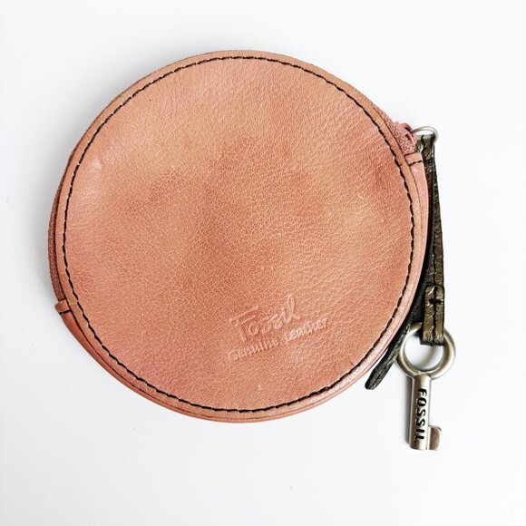 Fossil Leather Round Zip Coin Purse Make A Change with Key Charm - Picture 2 of 7